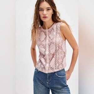 Free People NWT Jae Knit Top Sleeveless Lace Button-Front Size Small Pale Mauve